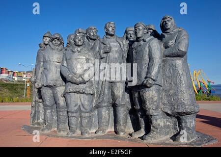Russia Chukotka autonomous district Anadyr Bronze statue eriged to celebrate the first revolutionnary who came in the Chukotka Stock Photo