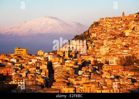 Italy, Sicily, Enna Province, Agira with the Mount Etna listed as World Heritage by UNESCO on the background Stock Photo