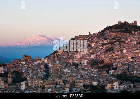 Italy, Sicily, Enna Province, Agira with the Mount Etna listed as World Heritage by UNESCO on the background Stock Photo