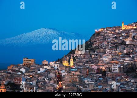 Italy, Sicily, Enna Province, Agira with the Mount Etna listed as World Heritage by UNESCO on the background Stock Photo