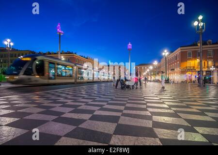 France, Alpes Maritimes, Nice, Place Massena, streetcar and artwork called Conversation a Nice by Jaume Pensa Stock Photo