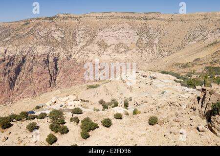 Jordan, Tafilah Governorate, Dana, overlooking the valley of Dana called Wadi Araba Stock Photo