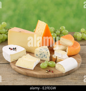 Plate with Camembert, Gouda, mountain and Swiss cheese on a wooden board Stock Photo
