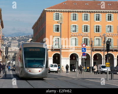 city tram on Plaza Massena, Avenue de Jean Medicin, Nice, France Stock Photo