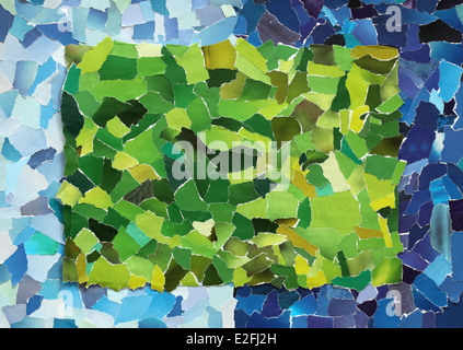 Green texture made from many pieces of torn paper on blue background Stock Photo