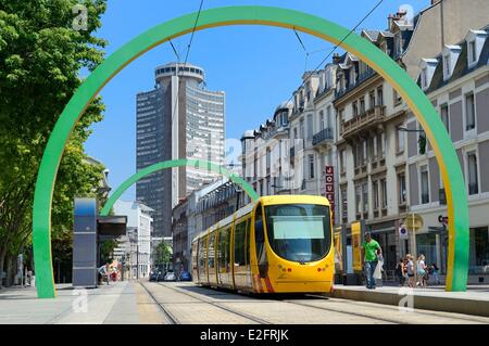 France Haut Rhin Mulhouse tramway going throuth the Arches by artist Daniel Buren in Avenue du President Kennedy Tour de Stock Photo