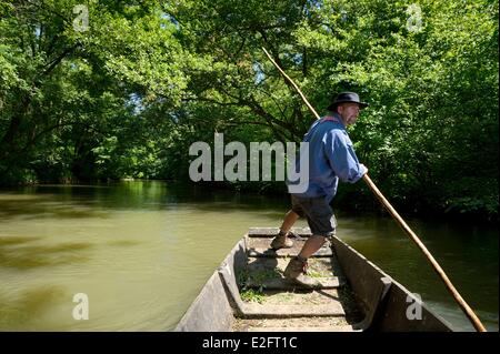 France Bas Rhin Ebersmunster and Muttersholtz region the Ried the boatman Patrick Unterstock in a small flat wooden bottom boat Stock Photo