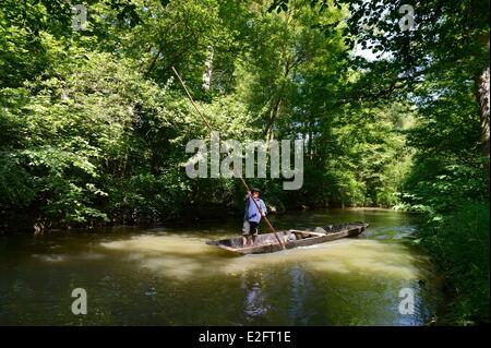 France Bas Rhin Ebersmunster and Muttersholtz region the Ried the boatman Patrick Unterstock in a small flat wooden bottom boat Stock Photo