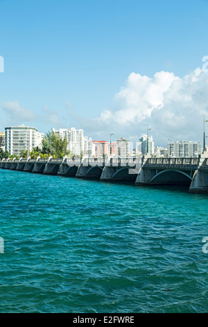 Dos Hermanos Bridge, Condado Lagoon and El Condado skyline, San Juan, Puerto Rico Stock Photo