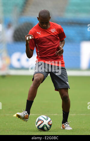 Salvador, Brazil. 19th June, 2014. Gelson Fernandes of Switzerland attends a training session of the Swiss national soccer team in Salvador, Brazil, 19 June 2014. The FIFA World Cup 2014 will take place in Brazil from 12 June to 13 July 2014. Photo: Marius Becker/dpa/Alamy Live News Stock Photo