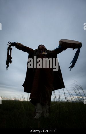 Portrait of Mongolian shaman , khuduu aral, khentii province, Mongolia Stock Photo