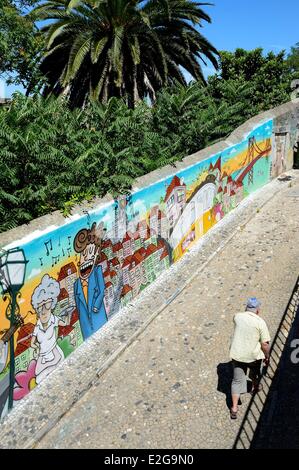 Portugal Lisbon Alfama district fresco of the city main centers of attractions in Costa do Castello street Stock Photo