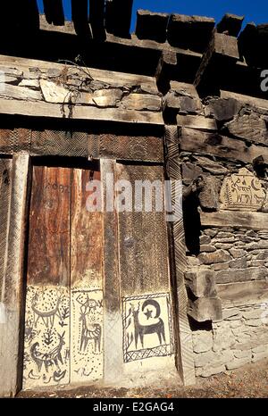 Pakistan Khyber Pakhtunkhwa Kalash valleys Bumburet valley Brun village entrance door to the goddess Jestak's sanctuary Stock Photo