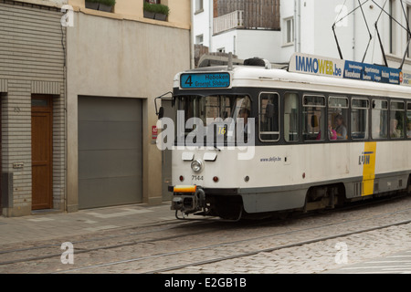 A photograph of a tram in Antwerp, Belgium. Antwerp is the second most populous city in Belgium. Stock Photo