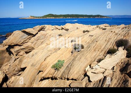 France Var Hyeres Islands National Park of Port Cros island of Port Cros Malalongue tip of island in background Bagaud Stock Photo