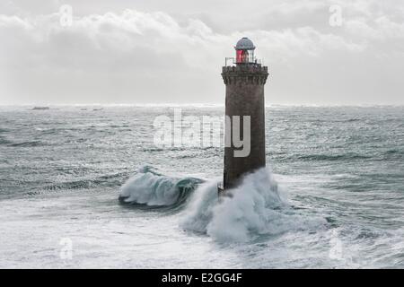France Finistere Iroise Sea February 8th 2014 Britain lighthouse in stormy weather during storm Ruth Kereon Lighthouse (aerial view) Stock Photo
