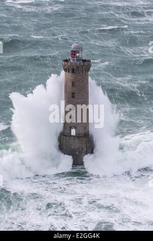 France Finistere Iroise Sea February 8th 2014 Britain lighthouse in stormy weather during storm Ruth Kereon Lighthouse (aerial view) Stock Photo