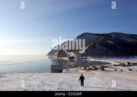 Russia Siberia Baikal Lake listed as World Heritage by UNESCO Olkhon Island freezing sunset on heights of Ozoure a weaterforecast station Stock Photo