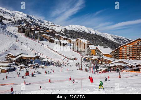 France Savoie Tarentaise valley Meribel Mottaret is one of largest skiresort village in France in heart of Les Trois Vallees (The Three Valleys) one of biggest ski areas in world with 600km of marked trails western part of Vanoise Massif Stock Photo