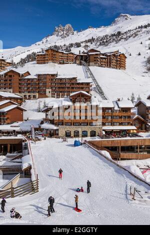 France Savoie Tarentaise valley Meribel Mottaret is one of largest skiresort village in France in heart of Les Trois Vallees (The Three Valleys) one of biggest ski areas in world with 600km of marked trails western part of Vanoise Massif Dent de Burgin (2 Stock Photo
