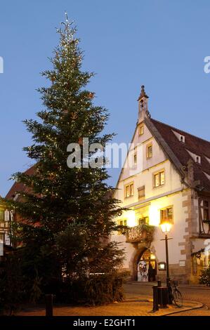 France Bas Rhin Obernai Christmas market on market square Christmas tree and old corn exchange house Stock Photo