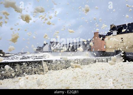 France Finistere Saint Guenole Sea Foam in street during storm Petra February 5th 2014 Stock Photo