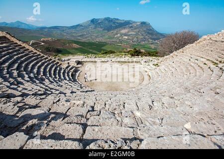 Italy Sicily Segesta archeological site Antic theatre built in 3th century BC Stock Photo