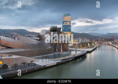 Spain Basque Country Region Vizcaya Province Bilbao Guggenheim Museum designed by Frank Gehry and Iberdrola Tower by Argentine architect Cesar Pelli skyscraper of 165 meters Stock Photo