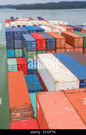 Panama Panama Canal Gatun Lake boat CGM CGM Alcazar built in 2007 and with a capacity of about 5000 containers carrying crossing channel in ten hours Stock Photo