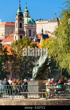 Czech Republic Prague historical centre listed as World Heritage by UNESCO People at a cafe at Smetana monument, Stock Photo