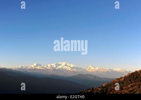 India West Bengal state Singalila National Park Tonglu view on snowcapped Kangchenjunga Stock Photo