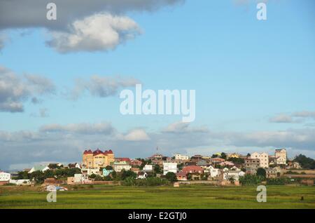 Madagascar Antananarivo residential area in outskirts with rice fields Stock Photo