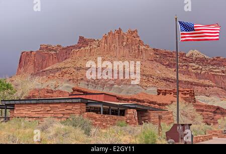 United States Utah Colorado Plateau Capitol Reef National Park visitor center with Castle in background Stock Photo
