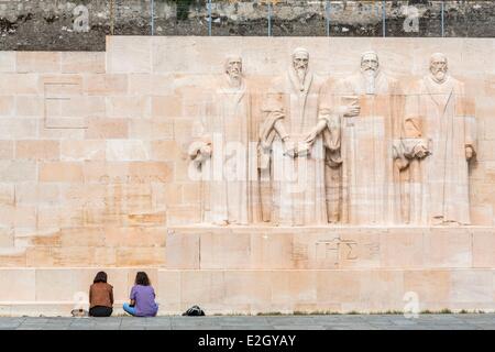 Switzerland Geneva Parc des Bastions international monument Reformation or Reformation Wall with Guillaume Farel John Calvin and Theodore Beza and John Knox Stock Photo