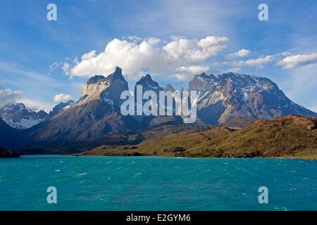 Chile Patagonia Magellan Region Torres del Paine National Park horns of Torres del Paine lake Pehoe in front Stock Photo
