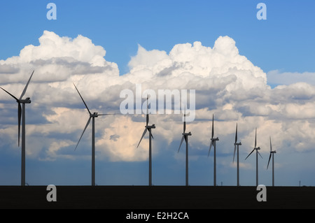 Row of Wind generators silhouetted against large billowing clouds in the evening sky. In central Colorado, USA. Stock Photo
