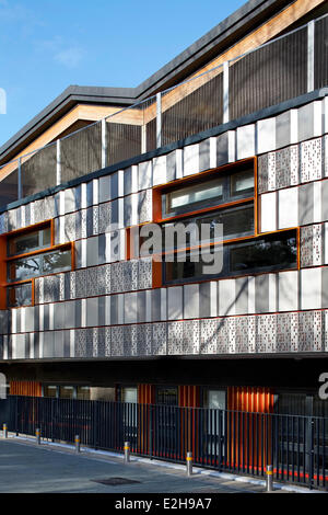 The Livity School, London, United Kingdom. Architect: Haverstock Associates LLP, 2013. View along steel clad facade with canopie Stock Photo
