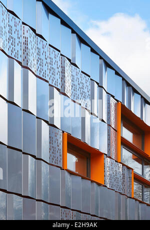 The Livity School, London, United Kingdom. Architect: Haverstock Associates LLP, 2013. Detail of stainless steel cladding. Stock Photo