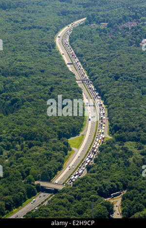 Traffic jam on the A3 motorway, in the aftermath of damage caused by a storm on 9 June 2014, aerial view, Duisburg, Ruhr Area Stock Photo