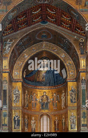 Main apse with the 'Sustainer of the World' or Christ Pantocrator, Byzantine gold ground mosaics, Cathedral of Santa Maria Nuova Stock Photo