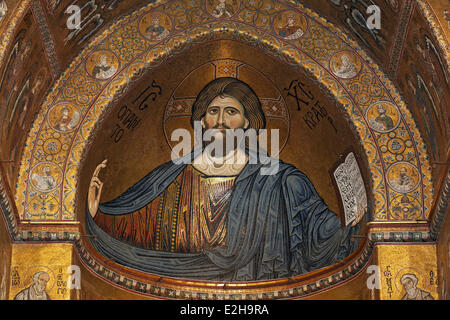 'Sustainer of the World' or Christ Pantocrator, Byzantine gold ground mosaics, Cathedral of Santa Maria Nuova Stock Photo