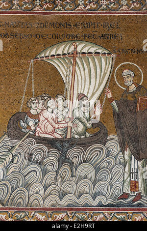 Jesus saving St. Peter on a boat in the sea, Byzantine gold ground mosaics, Cathedral of Santa Maria Nuova, Monreale Cathedral Stock Photo