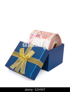 big stack of RMB in a blue present box with clipping path Stock Photo ...