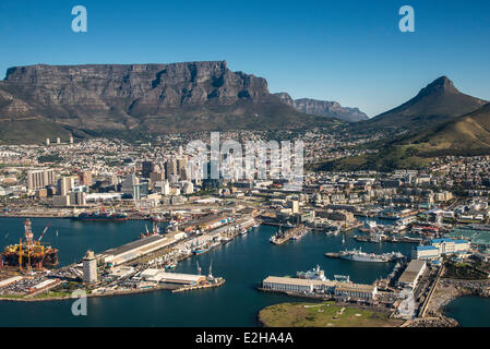 Aerial view, Cape Town Harbour, Victoria and Alfred Waterfront, Lionhead and Table Mountain, Cape Town, Western Cape Stock Photo
