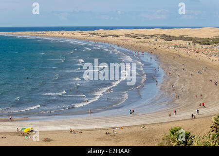 Beach of Playa del Ingles, the dunes of Maspalomas at the back, southern coast of the island, Gran Canaria, Canary Islands Stock Photo