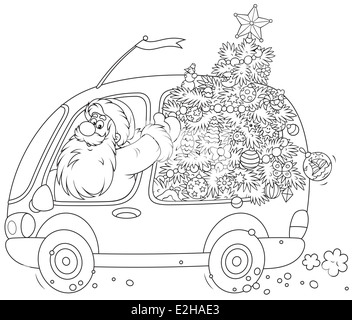 Santa Claus carrying a decorated Christmas tree in his car Stock Photo