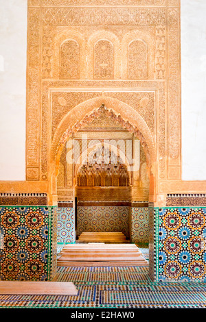The decorative burial chamber of Lalla Messaouda, mother of Ahmed el-Mansour at the Saadian Tombs in Marrakesh, Morocco, North A Stock Photo