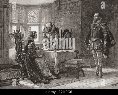 Mary, Queen of Scots, 1542 – 1587, signing the deed of abdication in Lochleven Castle, Scotland in 1567. Stock Photo