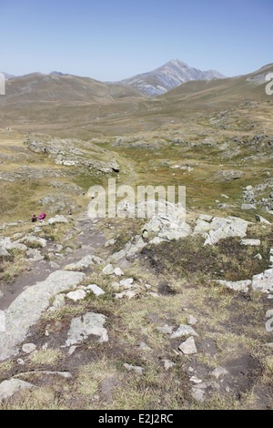 Hiking on the plateau of Emparis, Massif de l'Oisans, near the natural park of les Ecrins, Isère, Rhône-Alpes, France. Stock Photo