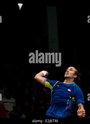 Jakarta, Indonesia. 20th June, 2014. Jan O Jorgensen of Denmark returns a shot during the quarterfinal of BCA Indonesia Open 2014 against Son Wan Ho of South Korea at Istora Senayan Jakarta, Indonesia, June 20, 2014. Jan O Jorgensen won 2-0. © Veri Sanovri/Xinhua/Alamy Live News Stock Photo